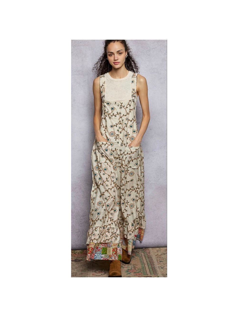 NEW POL Boho Whimsigoth Floral Embroidery Patchwork Overalls Wide Leg Size S NWT - Picture 3 of 6